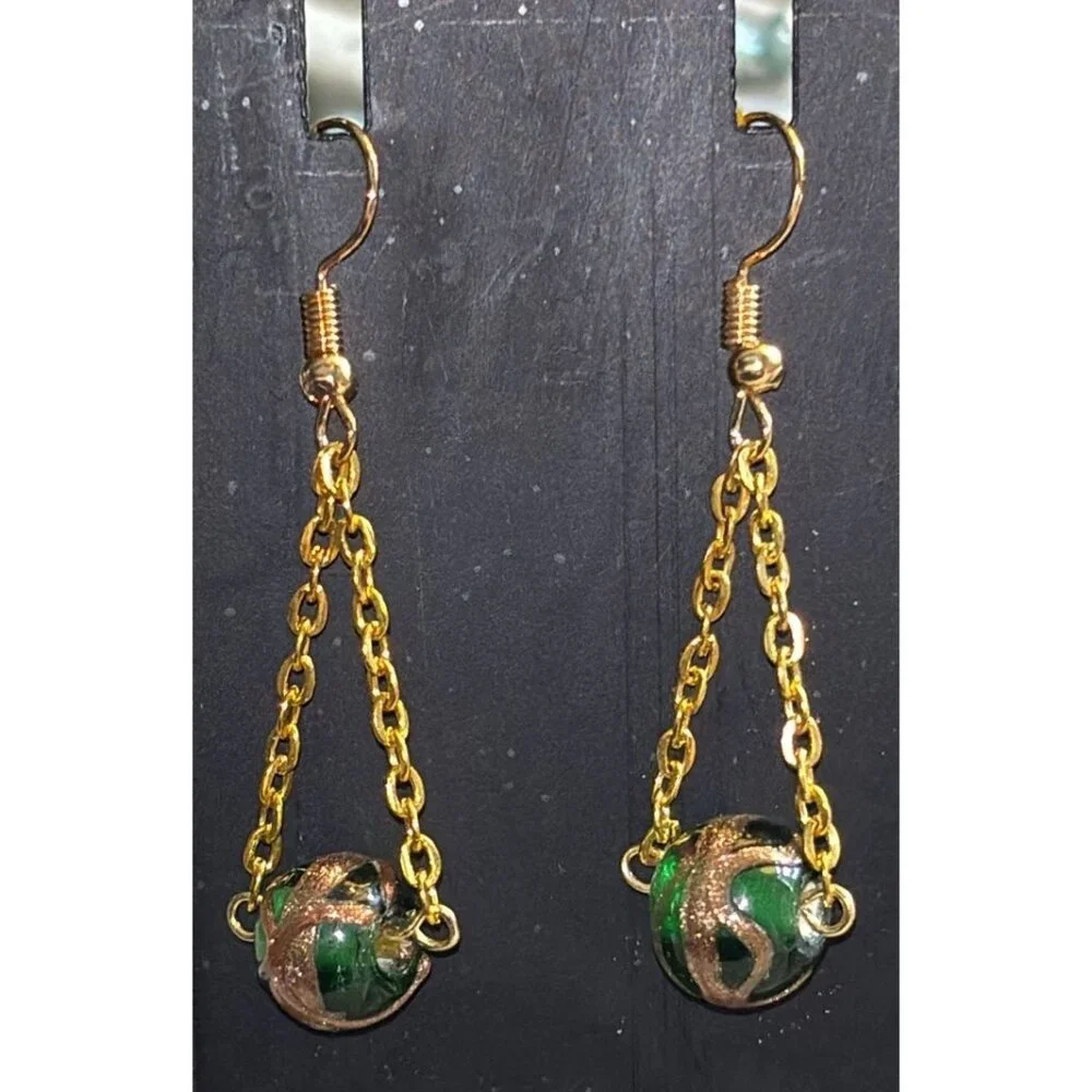 Lampwork GREEN Glass Bead Pierced Earrings Gold 1.5